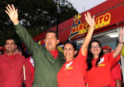 Former president Hugo Chavez inaugurating a Mercal (own state food distribution chain) 