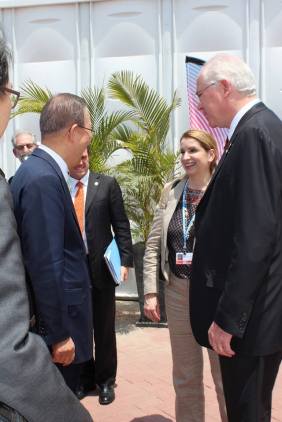 In the right, UN General-Secretary Ban Ki-moon, in the Center Claudia Salerno Caldera, Climate Change chief negotiator of the Venezuelan delegation, In the left, Foreign Minister of Venezuela Rafael Ramirez.